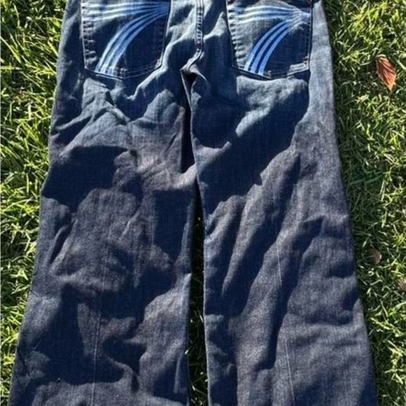 7 For All Mankind Men’s Dark Indigo Slim Straight Jeans with Blue Pocket Stripes - Picture 2 of 6